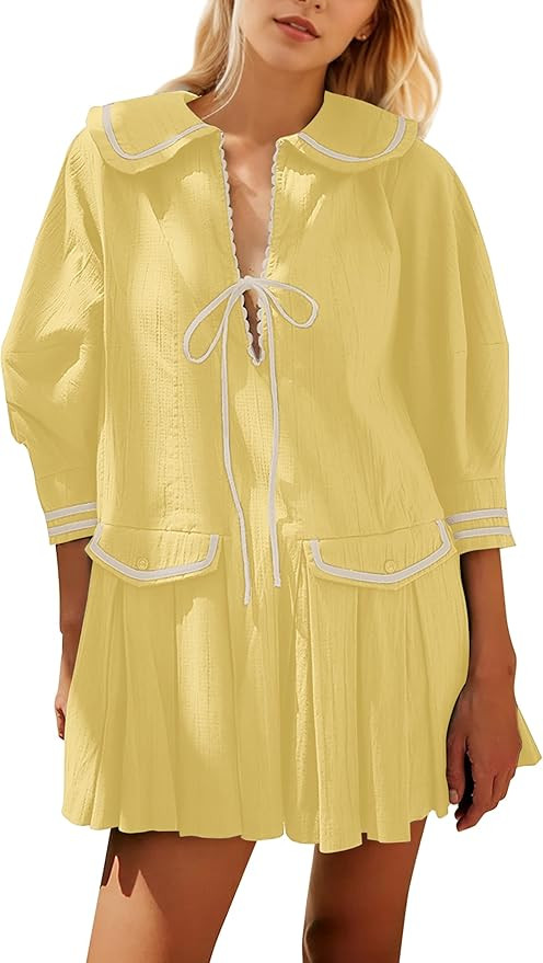 Women Cute Bow Tie Up Open Front Mini Dress Lapel Contrast Binding 3/4 Sleeve Mini Dress Pleated ... | Amazon (US)