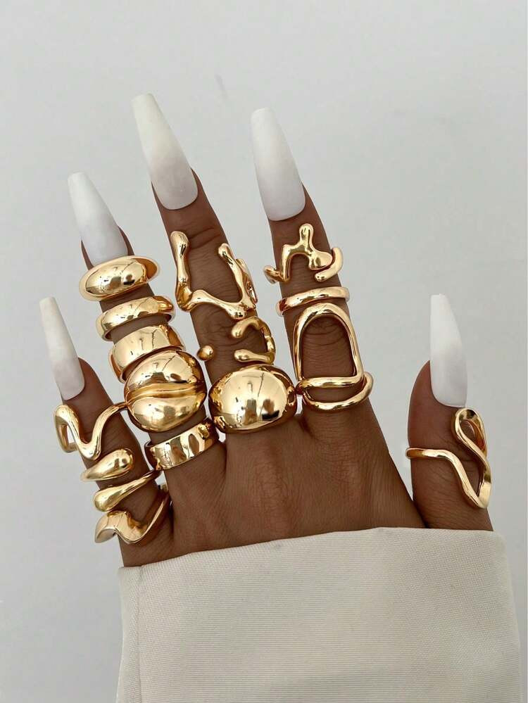 15Pcs Punk Smooth Geometric Open Rings Set For Women Exaggerated Asymmetrical Silver Color Thick ... | SHEIN