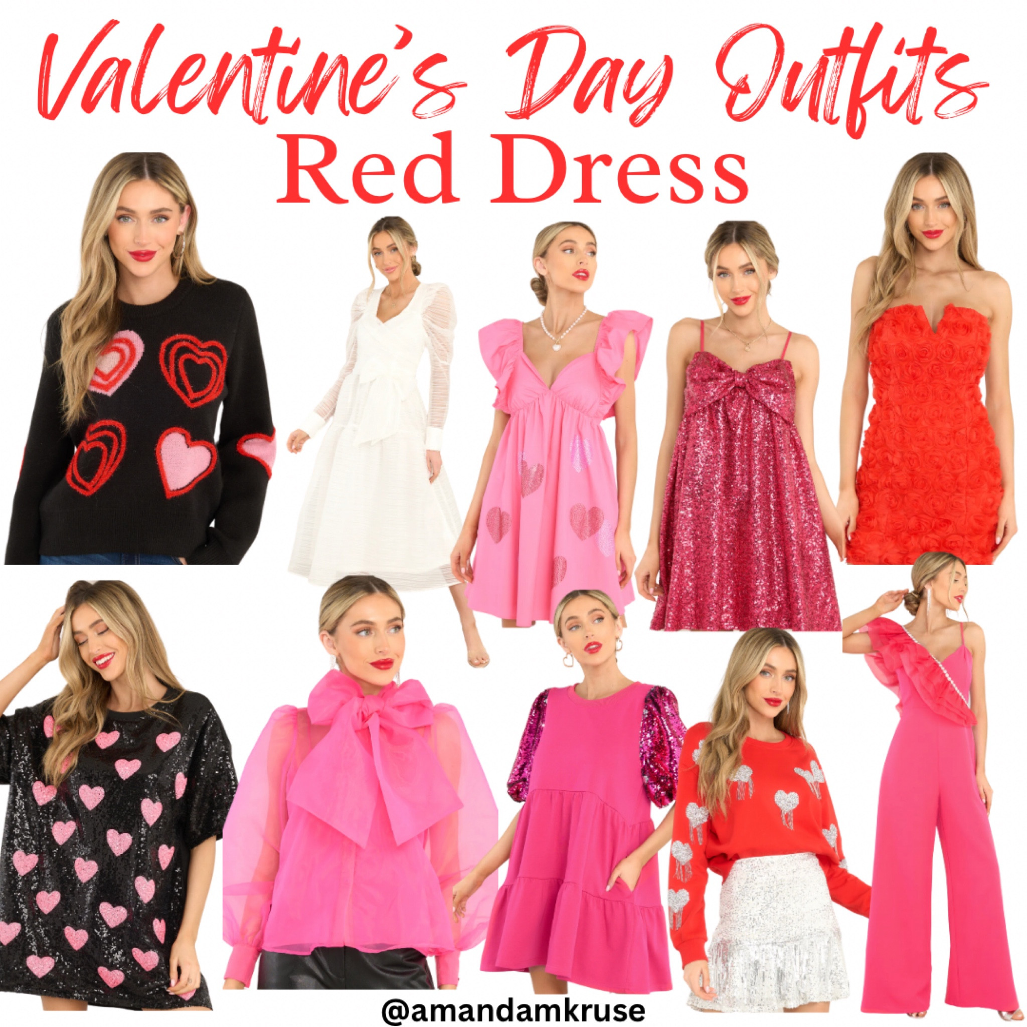 Valentine’s Day
Valentine’s Day outfits 
Valentine’s sweater 
Heart sweater 
Sequin dress 
White dress 
Tulle top
Pink jumpsuit 

#LTKSeasonal #LTKfindsunder100 #LTKstyletip