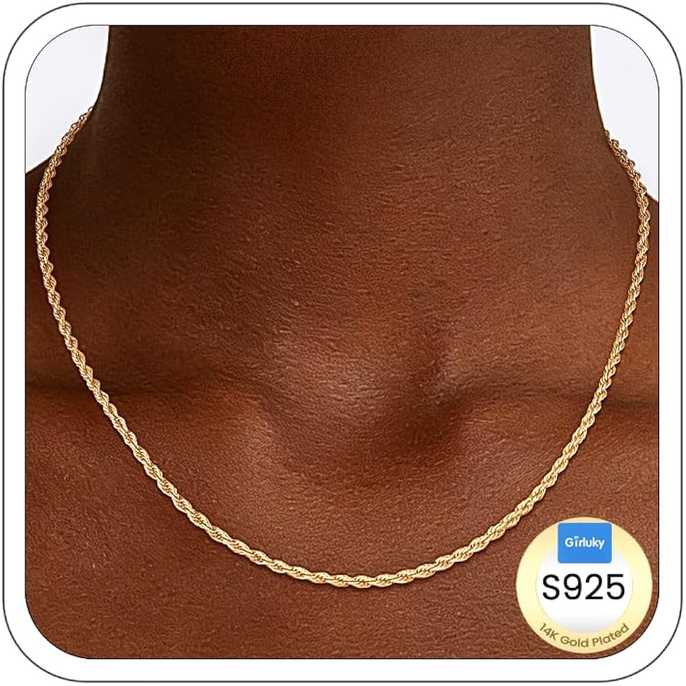 2mm Rope Chain 925 Sterling Silver Chain Necklace for Women, 14K Gold Plated Chains for Women Dur... | Amazon (US)