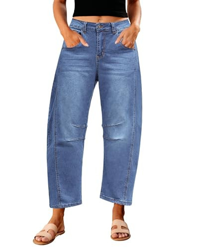 GRAPENT Barrel Jeans for Women Balloon Wide Leg Cropped Trendy Jeans Boyfriend High Waisted Jean Pants Casual Stretchy Summer Denim Trousers Color Medium Blue Medium Size 8 to 10 | Amazon (US)