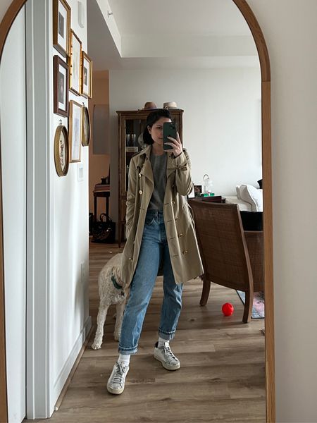 Burberry trench coat, casual outfit, neutral, over 30, petite, jeans under $100, Levi’s 501 crop, j. Crew cashmere, sneakers outfit, p448

#LTKstyletip #LTKfindsunder100