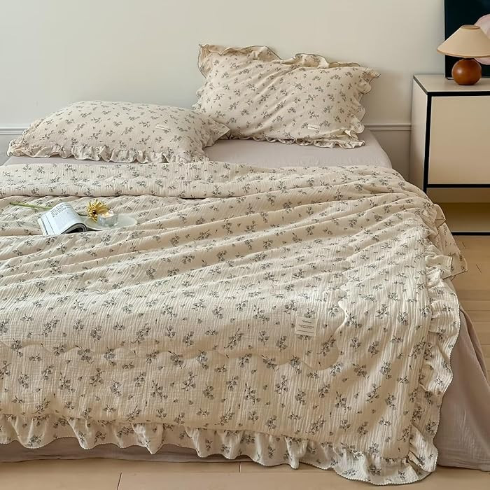 Double Layers Muslin Cotton Quilt for Kids Adults, 100% Cotton Quilted Thin Summer Quilts, Ruffle... | Amazon (US)