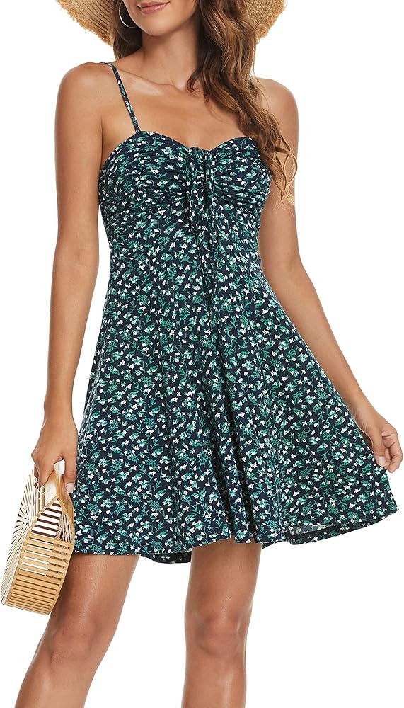 Missufe Spaghetti Strap Floral Mini Dress Women's Casual Ruched Front Drawstring Swing Sundress | Amazon (US)
