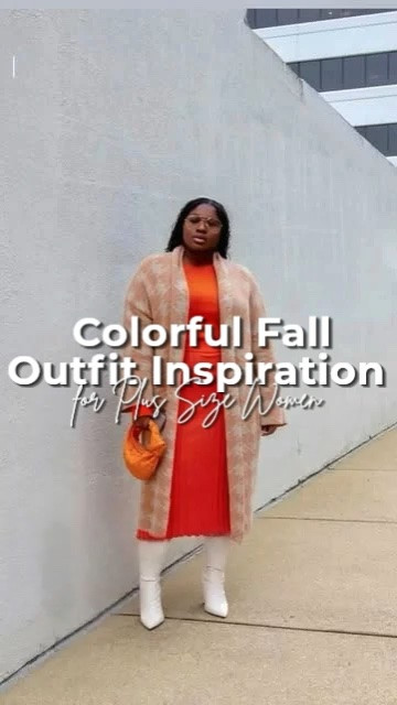 If your fall wardrobe needs a little personality, start with color. An orange ribbed dress gives you a simple outfit base, while a peach patterned coat adds dimension and warmth. plus size fall outfits, orange midi dress outfit, houndstooth coat outfit, colorful fall fashion, fall outfit ideas for women, ribbed knit dress, white knee-high boots outfit, statement coat styling, autumn fashion inspiration, plus size style inspiration. @amazonfindsandfashion @boohoo