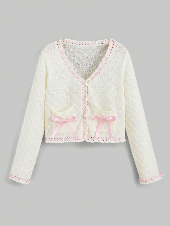 ROMWE Kawaii Contrast Trim Bow Front Cardigan | SHEIN