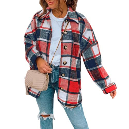Flannel Shirt Women Plaid Oversized Shacket Jacket Business Casual Button Down Long Sleeve Coats Fall Clothes Outfits Red | Amazon (US)