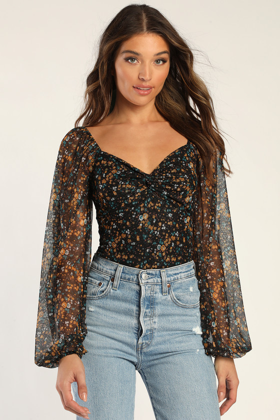 Sweet Beauty Black Floral Print Knot-Front Bodysuit | Lulus (US)