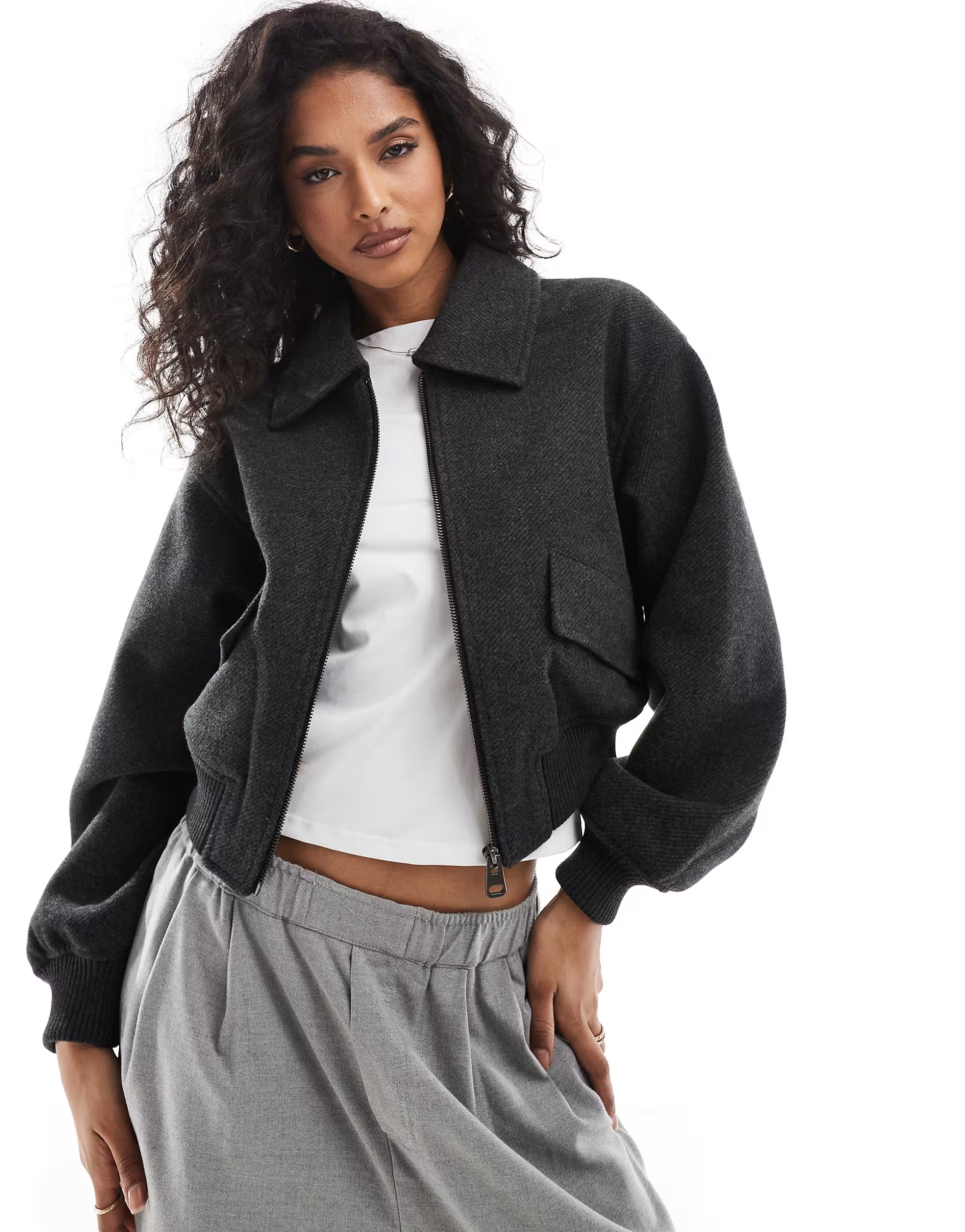 Pull&Bear wool look bomber jacket in black | ASOS (Global)