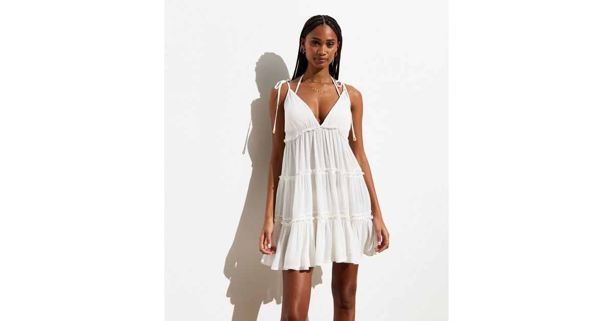 White Crinkle Tiered Mini Beach Dress | New Look | New Look (UK)