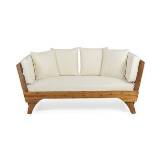 Teak Wood Outdoor Day Bed with Beige Cushions | The Home Depot