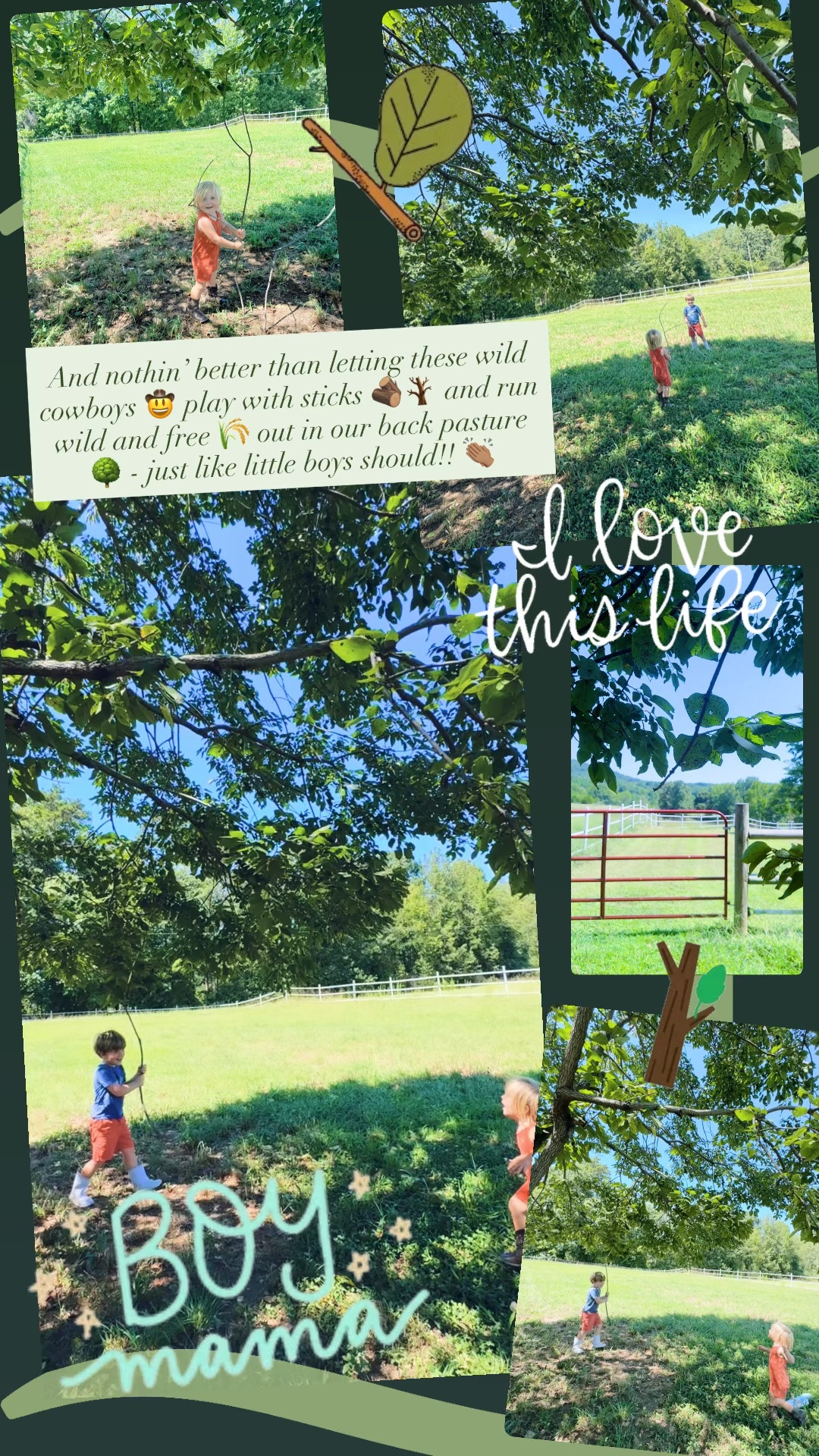 And nothin’ better than letting these wild cowboys 🤠 play with sticks 🪵🪾 and run wild and free 🌾 out in our back pasture 🌳 - just like little boys should!! 👏🏽