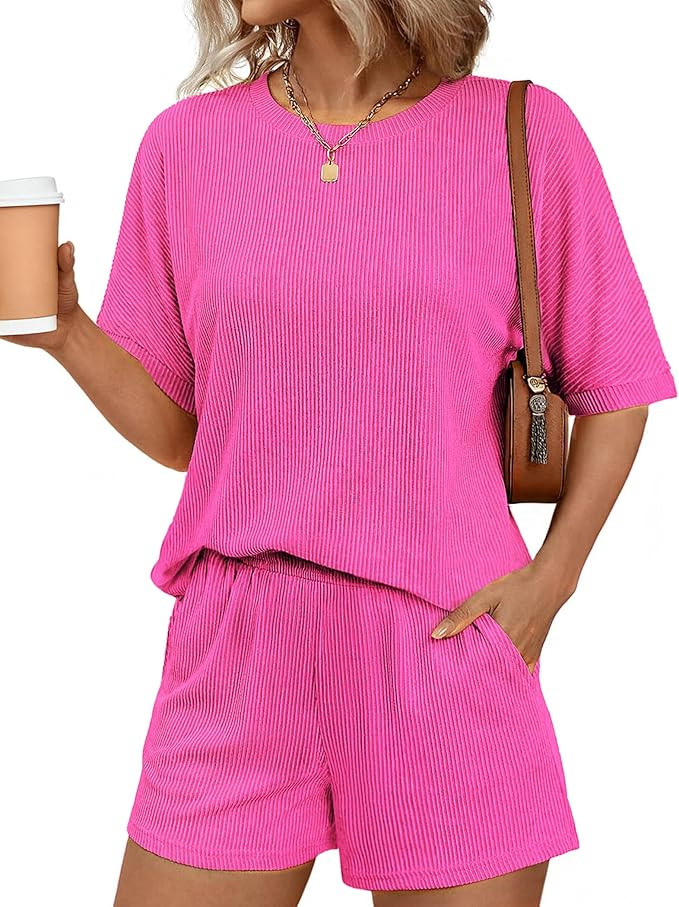 Ekouaer Women 2 Piece Lounge Set 2026 Summer Cruise Outfits Ribbed Loose Short Sleeve Matching Se... | Amazon (US)