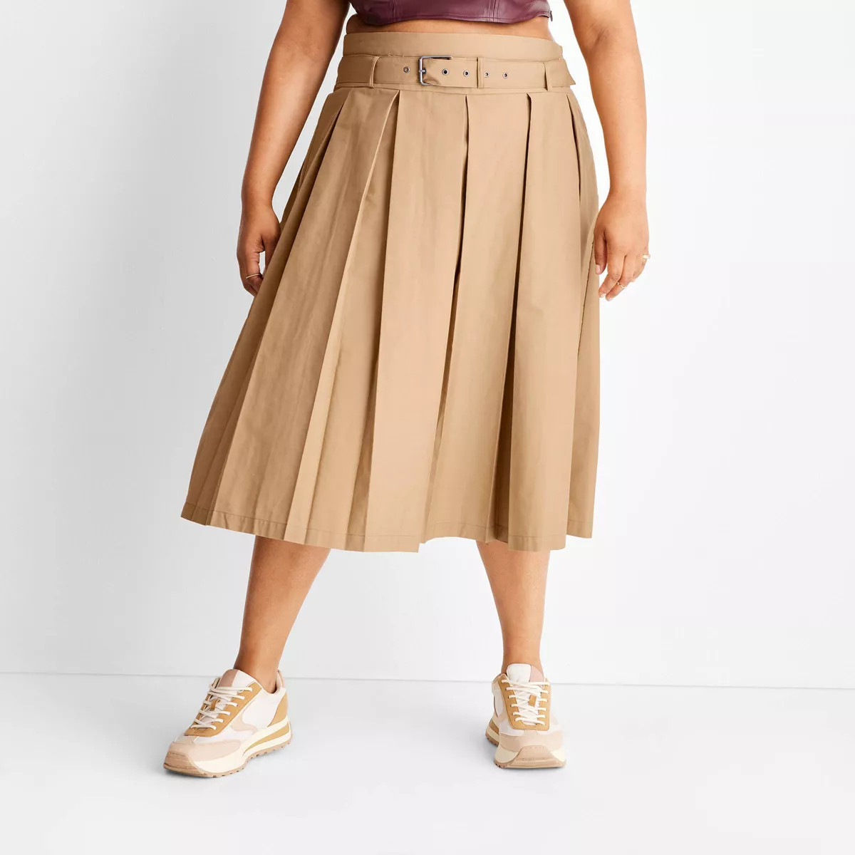 Women's Belt Buckle Pleated Midi Skirt - Future Collective™ with Reese Blutstein Tan | Target