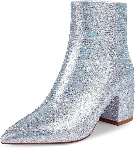 wetkiss Rhinestone/PU Low Chunky Pointed Toe Ankle Boots for Women with Full Bling Sparkly Crysta... | Amazon (US)