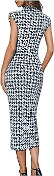 Amazon.com: WDIRARA Women's Houndstooth Mock Neck Sleeveless Shoulder Pads Bodycon Dress Royal Bl... | Amazon (US)