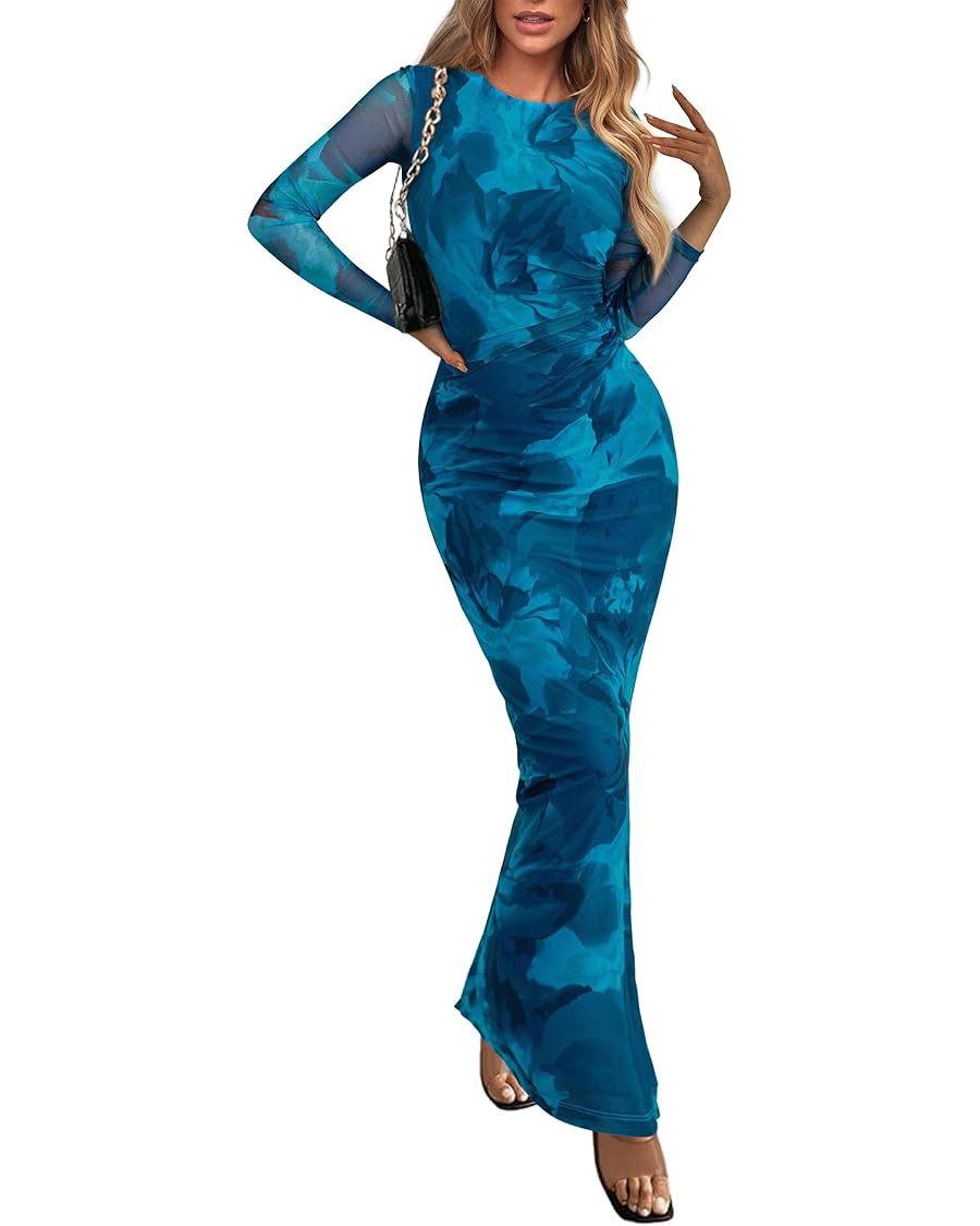 PRETTYGARDEN Women's Bodycon Maxi Dress Fall Spring Fashion Long Sleeve Floral Print Tight Fitted... | Amazon (US)