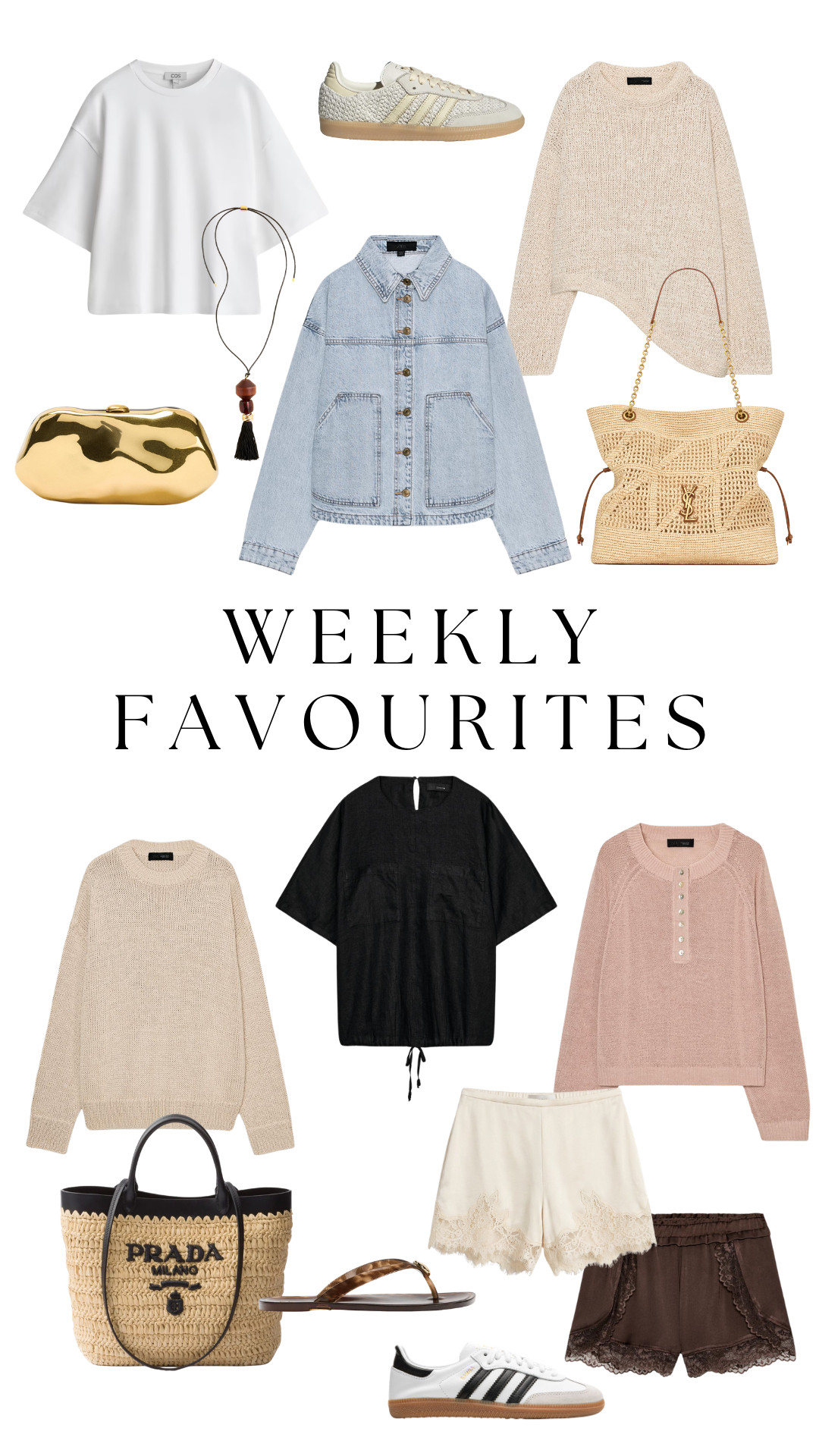 white tee, oversized t-shirt, cream knit sweater, beige knit, light wash denim jacket, denim shacket, adidas sambas, white sneakers, raffia tote, woven handbag, gold clutch, pendant necklace, black linen top, pink knit top, lace trim shorts, satin shorts, brown shorts, neutral outfit, capsule wardrobe, summer style, casual chic, everyday essentials, weekly favourites

#LTKsummer #LTKeurope #LTKtravel