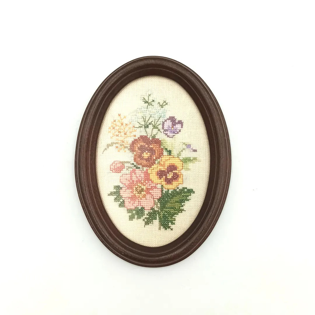 Vintage wall art floral cross stitch oval frame 15x11cm embroidery home decor cottagecore | Etsy (US)