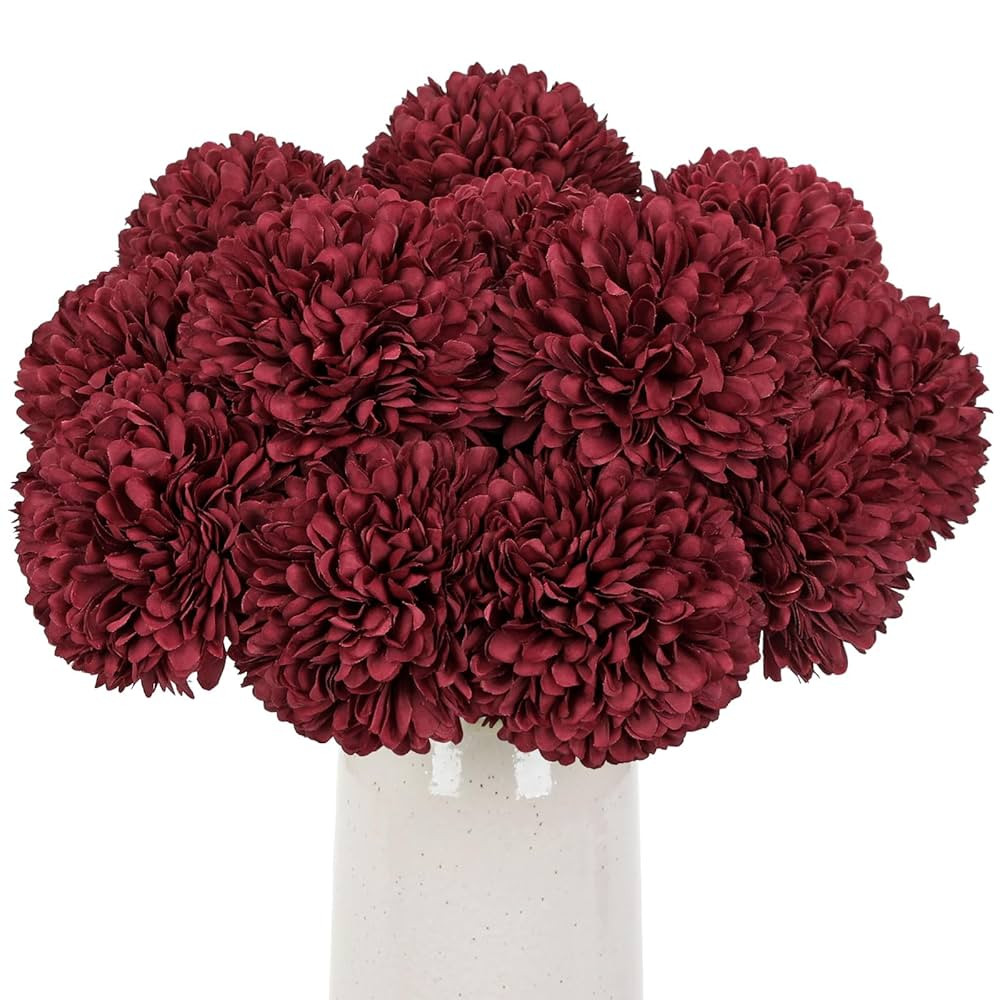 Briful 12 Pcs Artificial Burgundy Chrysanthemum Stems – 11” Tall Silk Mums Flower Heads with ... | Amazon (US)