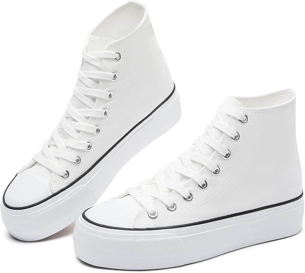 Amazon.com | FINIWOR Platform Sneakers for Women White High Top Canvas Shoes Classic Black Platfo... | Amazon (US)