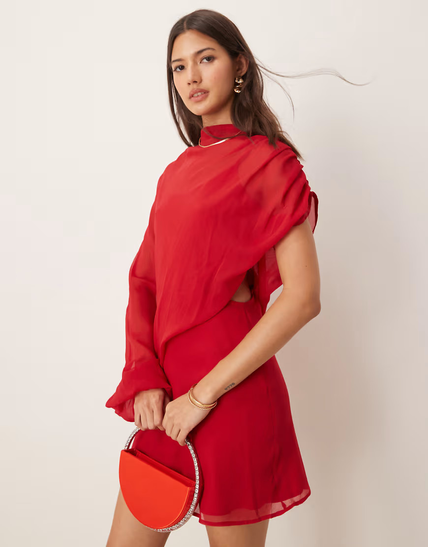 ASOS DESIGN high neck draped asymmetric mini dress with cut out in red | ASOS (Global)