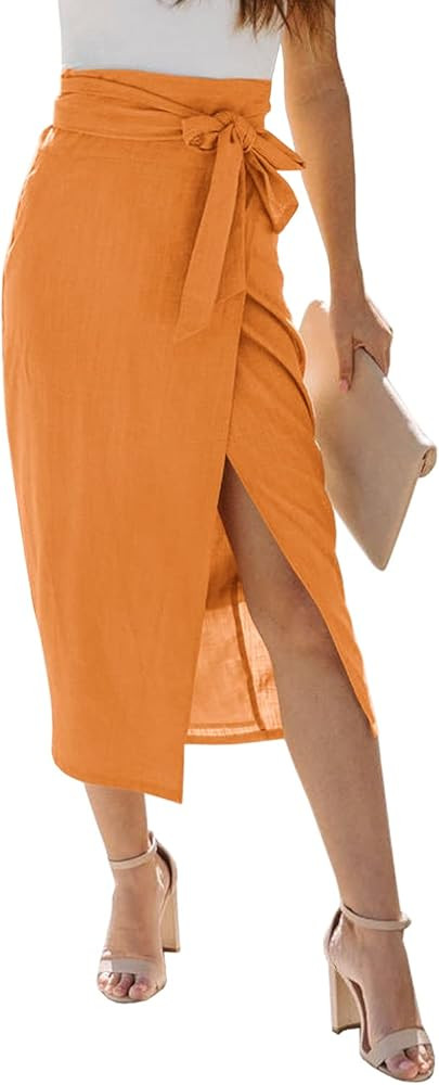 Kalssior Womens High Waisted Tie Wrap Midi Skirts Chic Side Slit Plain Casual Summer Long Skirt | Amazon (US)