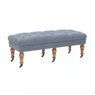 Isabelle Blue Washed Linen 50"L Tufted Ottoman with Turned Distressed Finished Legs | The Home Depot