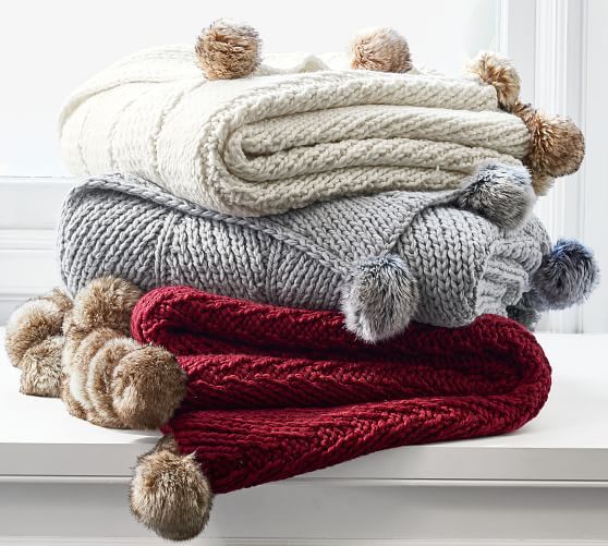 Faux Fur Pom Pom Knitted Throws | Pottery Barn (US)
