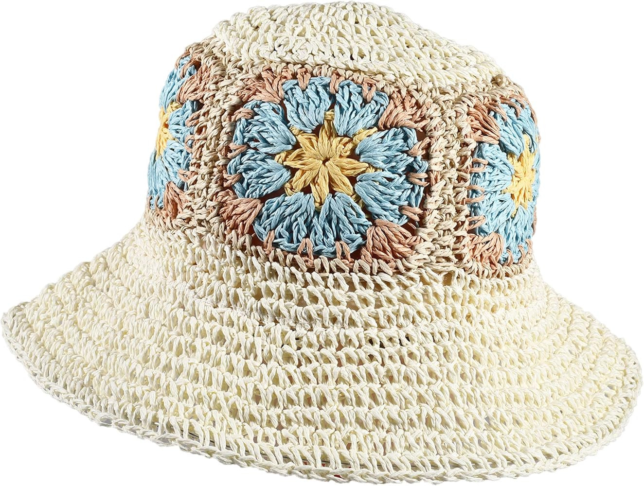 Womens Straw Bucket Hat for Women Handmade Floral Foldable Floppy Beach Hat Travel Straw Hat | Amazon (US)