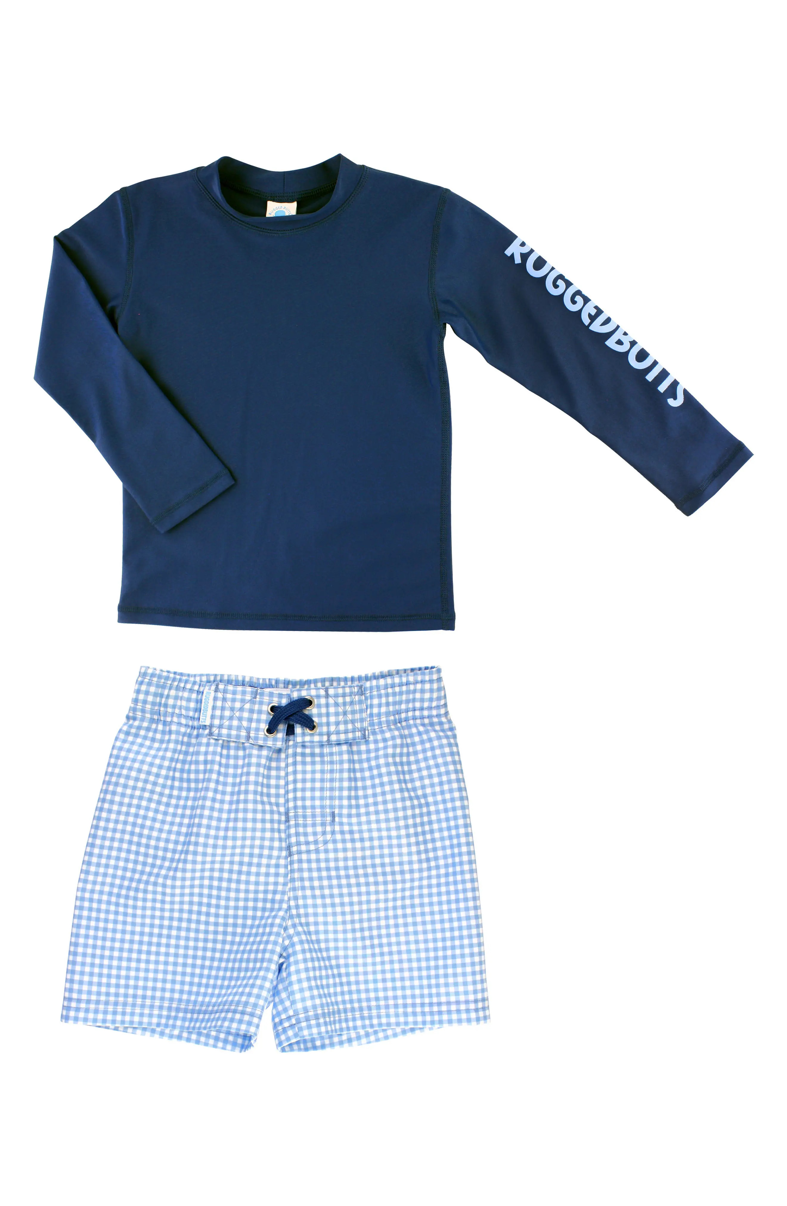 Boy's Ruggedbutts Long Sleeve Rashguard & Gingham Board Shorts Set | Nordstrom