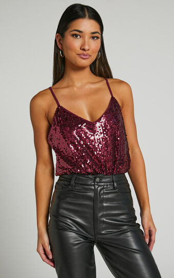 Manika Bodysuit - Sequin Bodysuit in Wine | Showpo (US, UK & Europe)