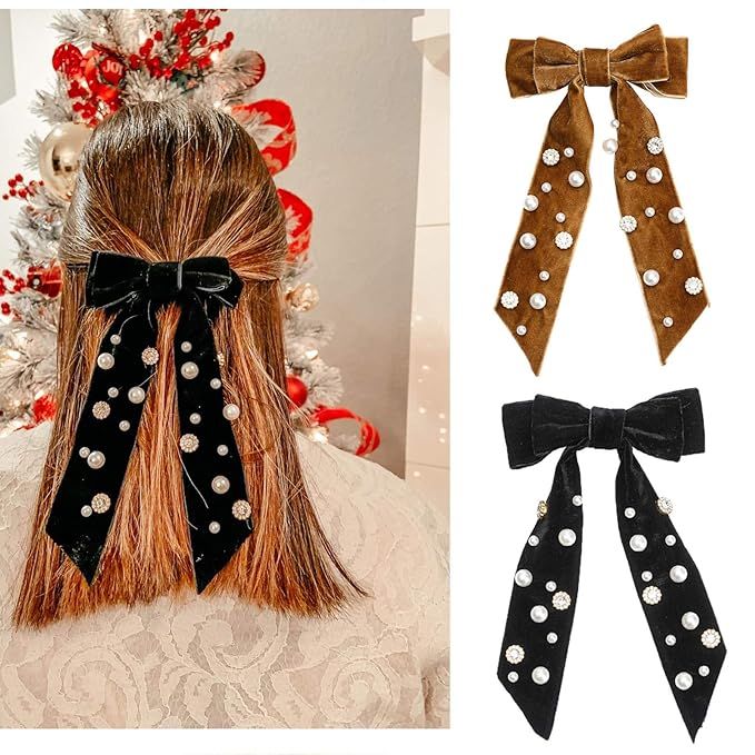 AWAYTR Velvet Rhinestone Pearl Hair Clip Large Bowknot Velvet Races Goth Wedding Headpiece for Wo... | Amazon (US)