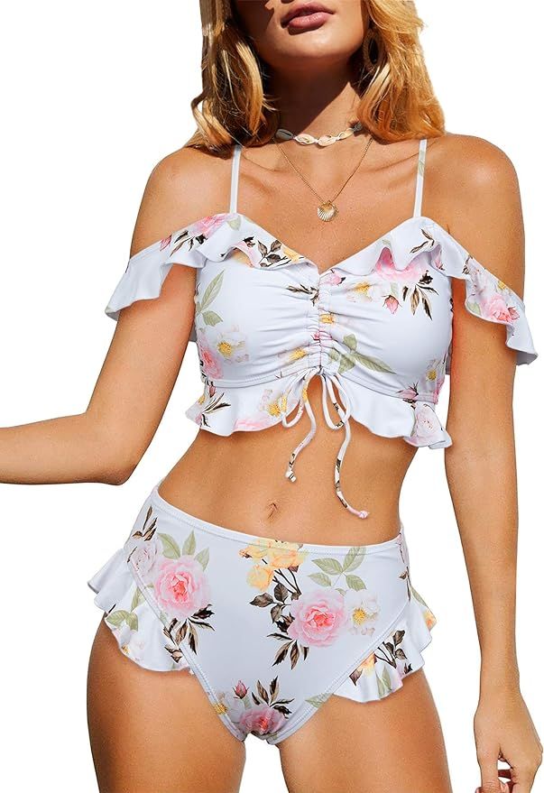 Saodimallsu Womens High Waisted Flounce 2 Piece Swimsuits Sexy Tie Front Lace up Retro Bikini Set... | Amazon (US)