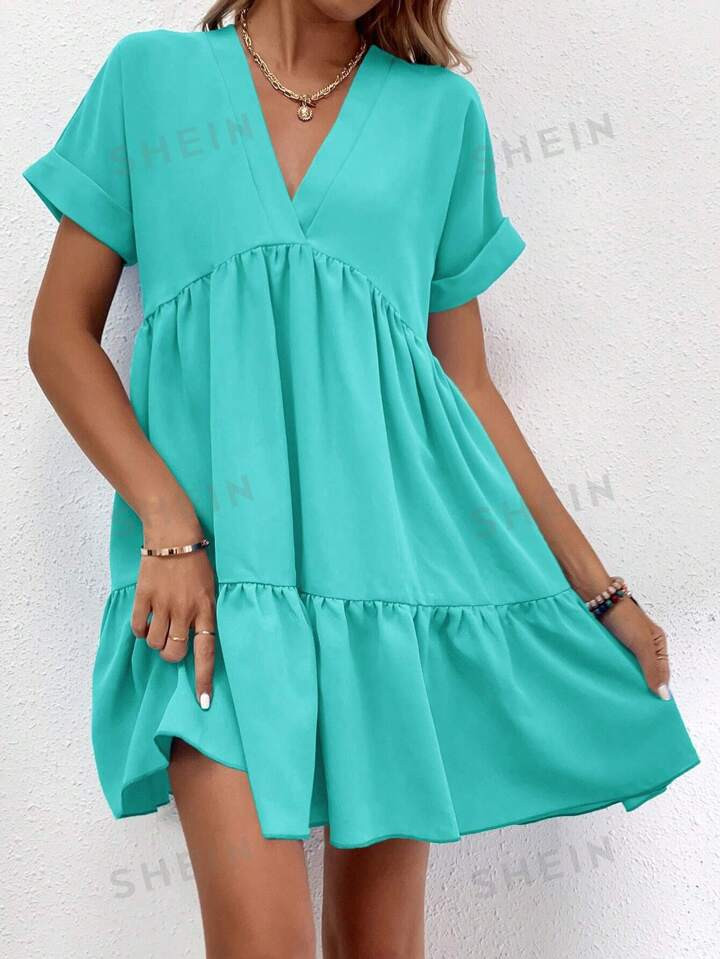 SHEIN LUNE Solid Color Batwing Sleeve Layered Vacation Casual Dress | SHEIN USA | SHEIN