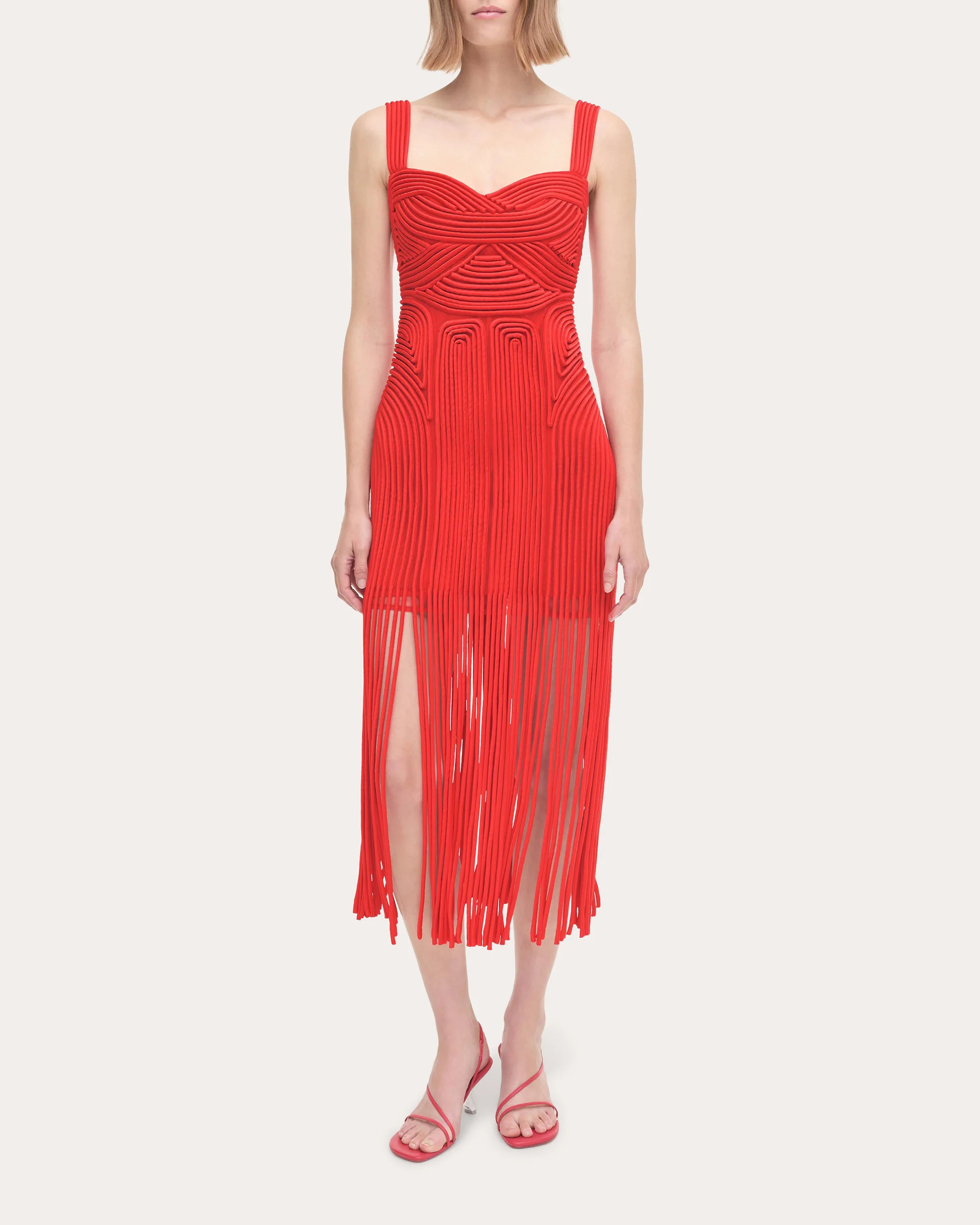 SIMKHAI Women's Darby Embroidered Fringe Midi Dress in Fiery Red Nylon/Polyester/Spandex | Olivela