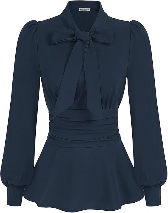 GRACE KARIN Women's 2025 Long Sleeve Peplum Dressy Shirt Office Bow Tie Work Blouses Tops Smocked... | Amazon (US)
