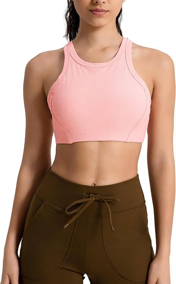 MEIVSO Women's Ribbed High Neck Sports Bras Seamless Racerback Workout Crop Tops | Amazon (US)