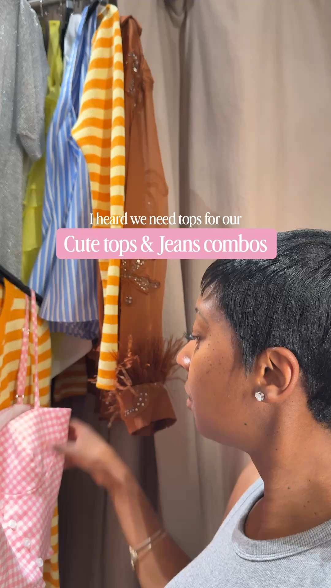 Spring/Summer tops for our Cute Tops + Jeans combos! 

Sizes I’m wear…
Yellow halter - Medium 
Cream/White Tuxedo halter - Medium (runs small I could’ve done a large)
Brown sheer - Medium 
Orange halter - Medium 
Pink plaid - Small
Silver jacket/top - Small 
Cream open sleeve - Medium 
Blue striped - Small

#LTKootd #LTKgrwm #LTKSeasonal