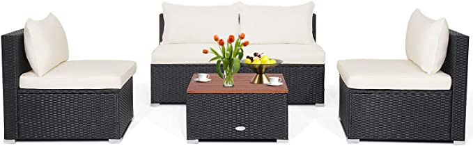 Tangkula 5 Piece Outdoor Patio Furniture Set, Patiojoy PE Wicker Conversation Set with Solid Acac... | Amazon (US)