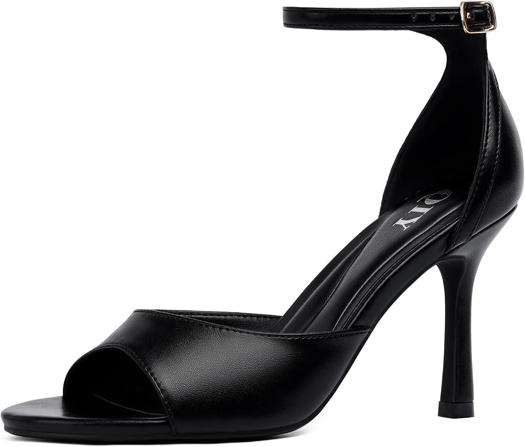 QIY Womens Ankle Strap Heels Stiletto 3.5 Inch Heel Open Round Toe Heeled Sandals Sexy Summer Dress Shoes | Amazon (US)