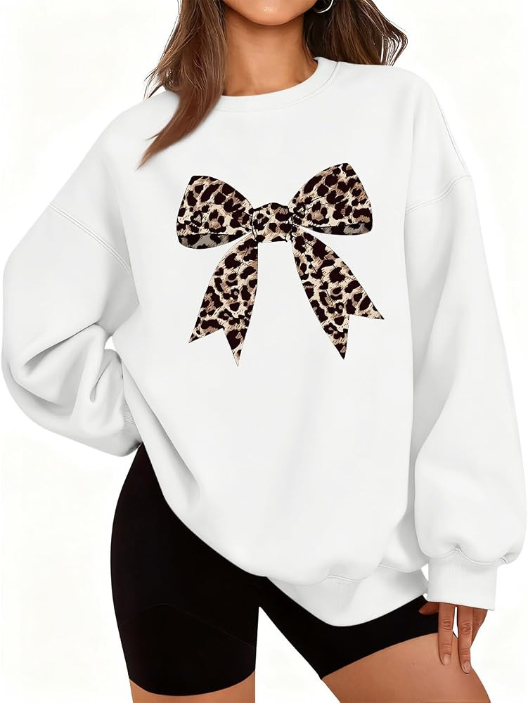 Bow Sweatshirt for Women Leopard Print Cute Sweatshirts Graphic Preppy Pullover Trendy Casual Cre... | Amazon (US)