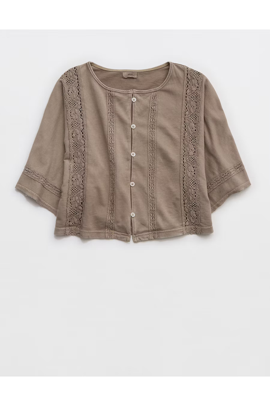 Aerie Short Sleeve Crochet Cardigan Women's Beige S | Aerie