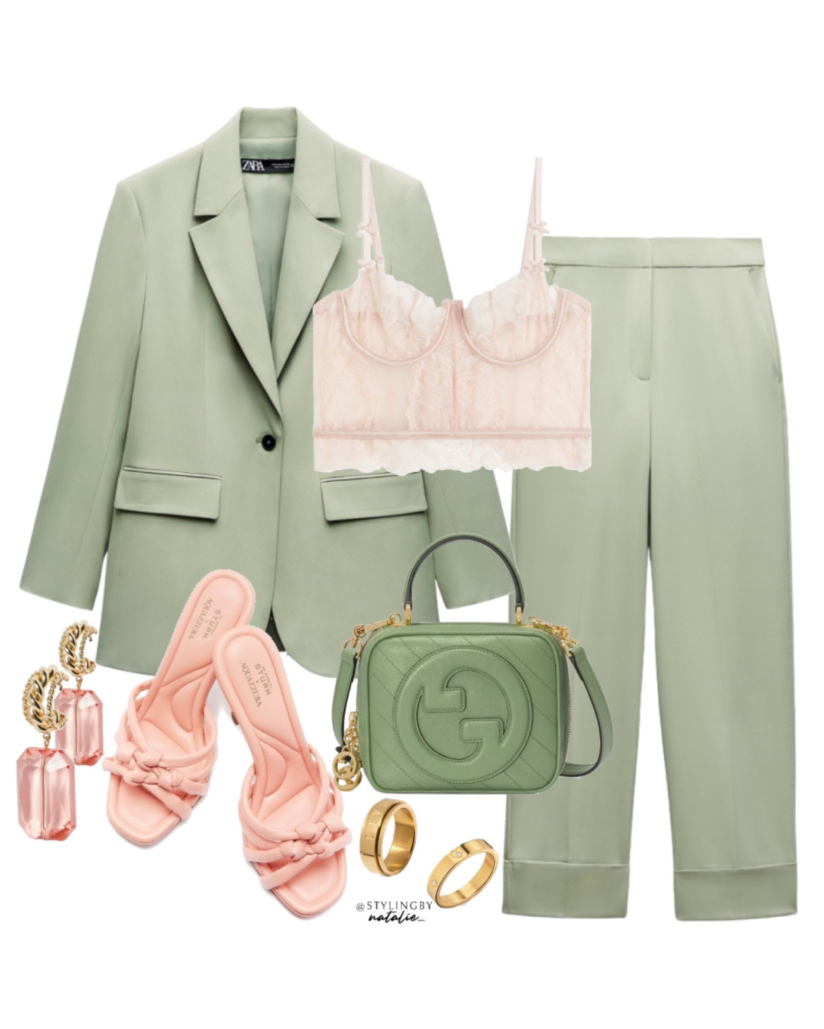 Weekend look, bank holiday look, going out outfit, date night style- Green blazer & trousers suit co ord (linked on IG story highlights) pink bralette, Gucci blondie top handle green bag, pink shoes & earrings.

#LTKmidsize #LTKparties #LTKstyletip