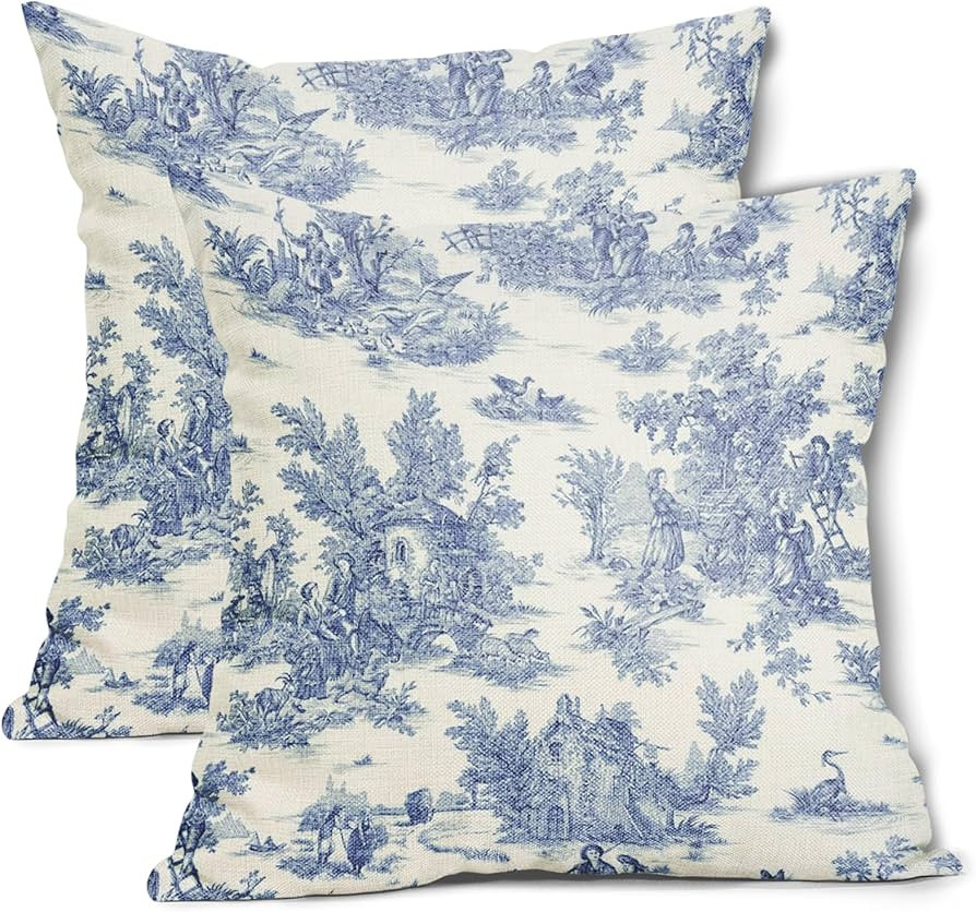 Blue Toile Pillow Covers 18x18 Inch Set of 2 Navy Blue and Beige French Country Cotton Linen Deco... | Amazon (US)