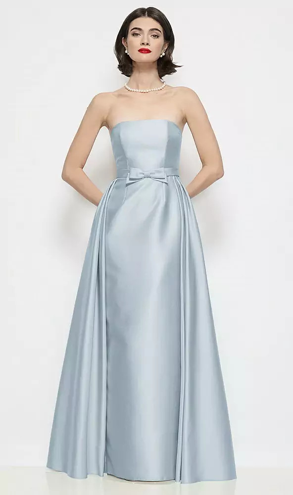 Strapless Bow-Waist Satin Column Dress with Overskirt in Mist | Dessy Group