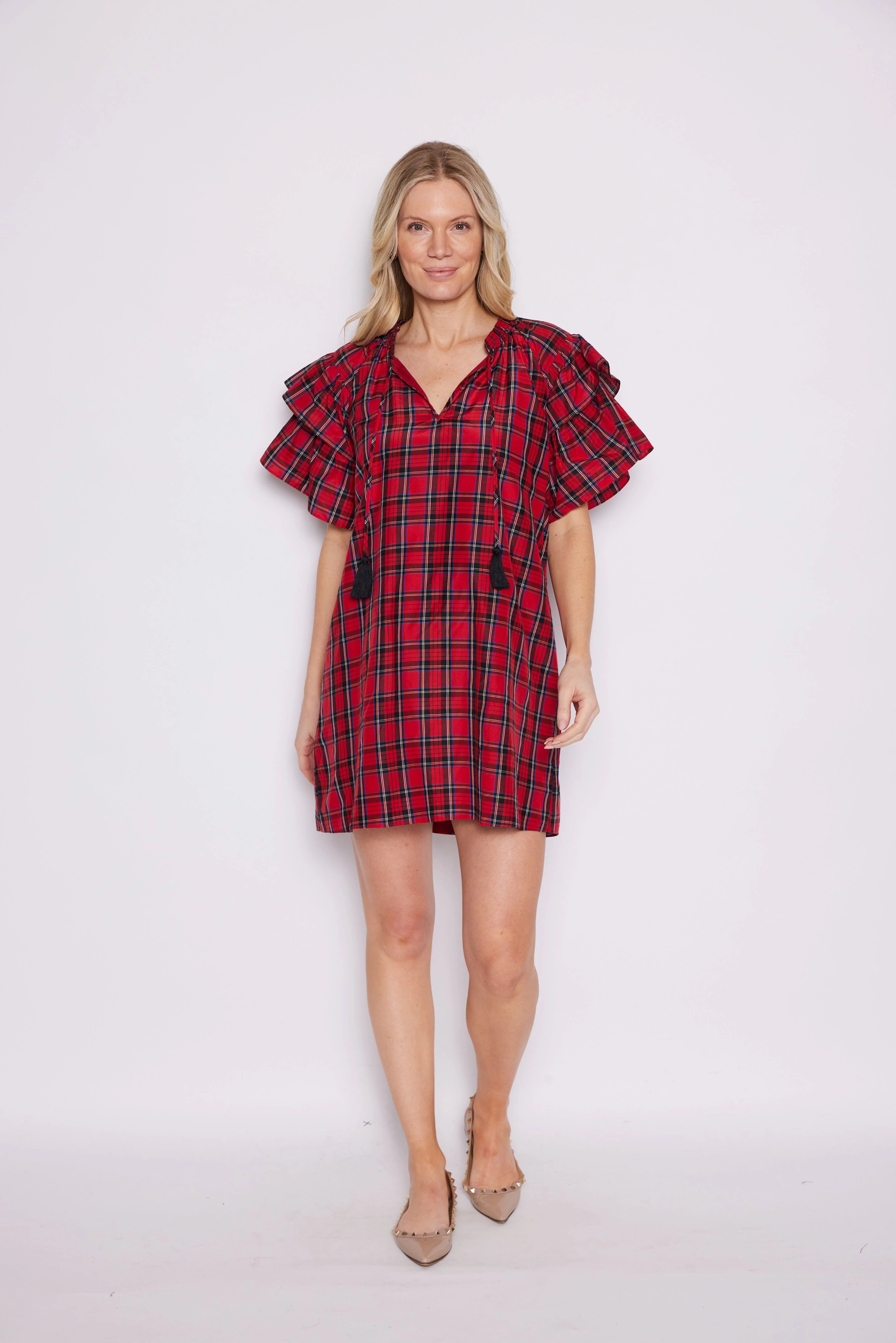 Red Tartan Ruffle Sleeve Dress with Tassels | Sail to Sable