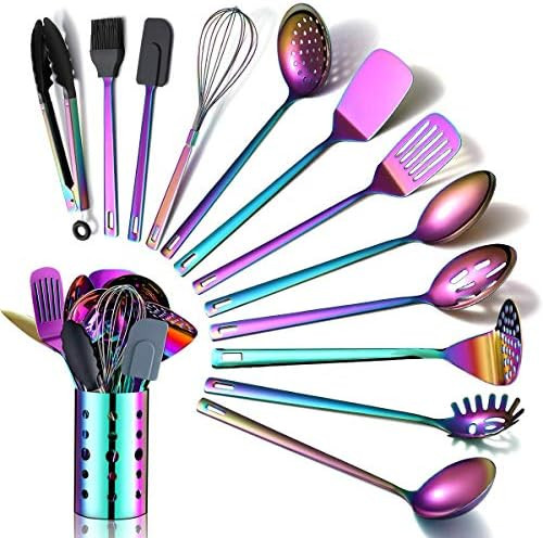 Rainbow Kitchen Utensils Set,13 Pieces Stainless Steel Cooking Utensils Set With Titanium Rainbow Pl | Amazon (US)