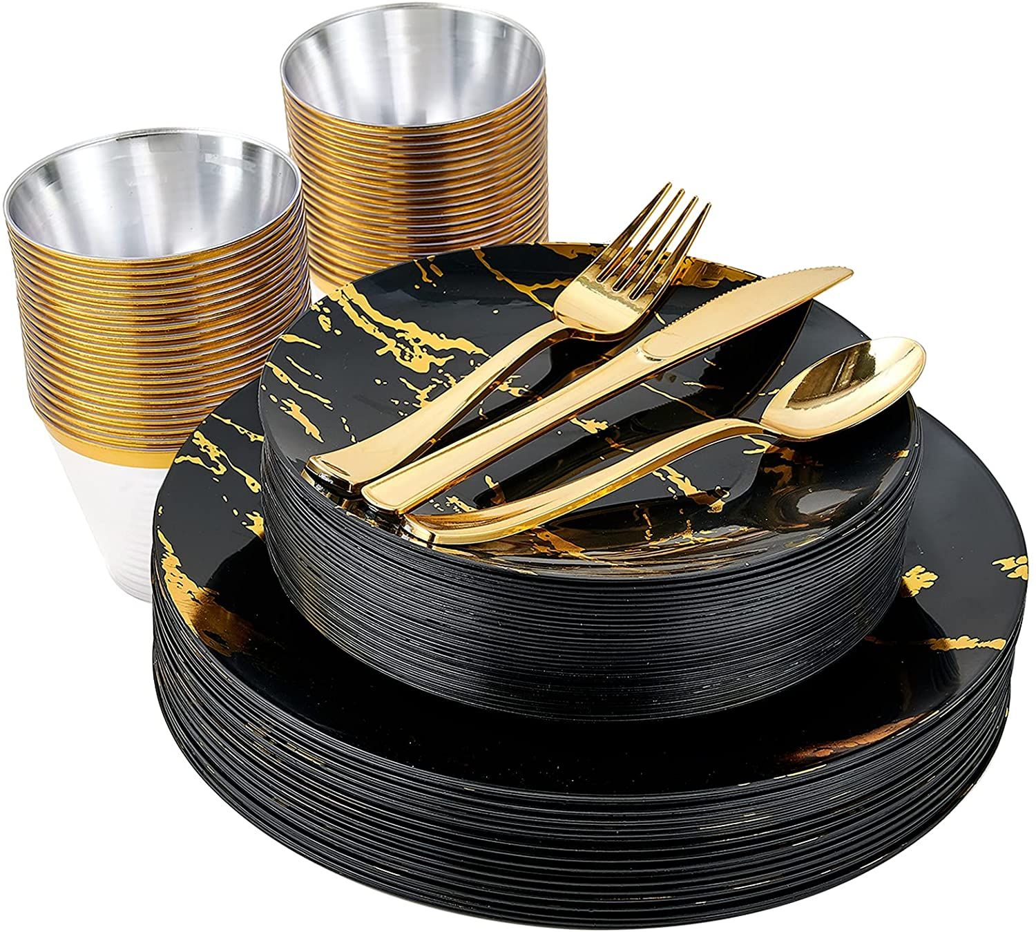 PARTY 180PCS Disposable Dinnerware Set 30 Guest - 60 Black And Gold Plastic Plates - 30 Plastic S... | Walmart (US)