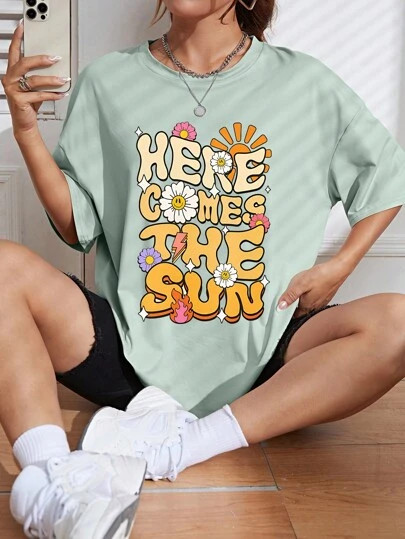 SHEIN EZwear Slogan Graphic Drop Shoulder Tee | SHEIN